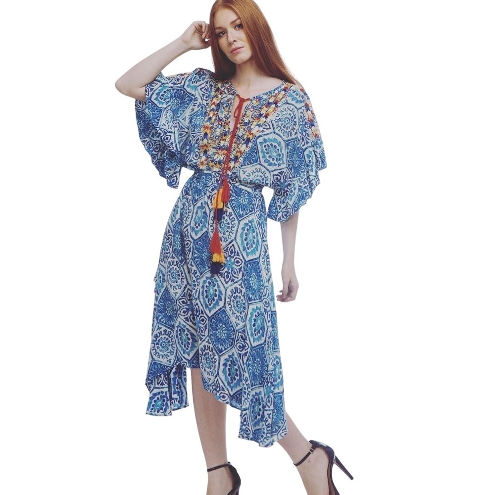 BAROK Paris‎ Chloe Laetitia Blue Boho Embroidered Tassel Midi Dress S/M Resort